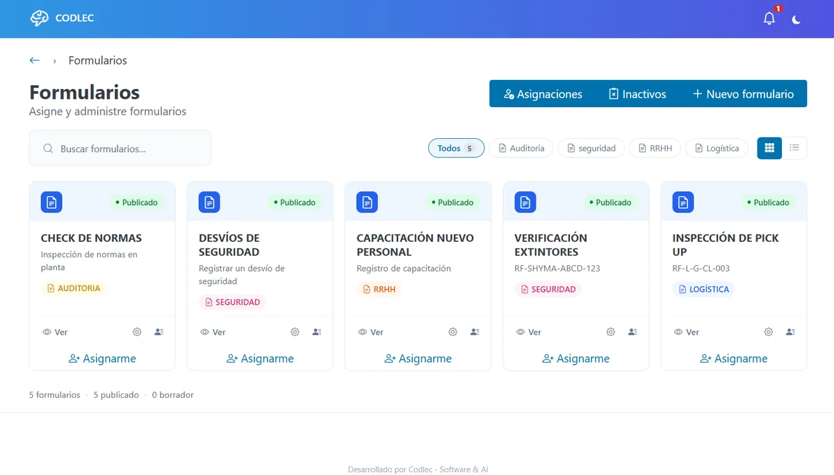 Pantalla de formularios del sistema, con los formularios publicados por área